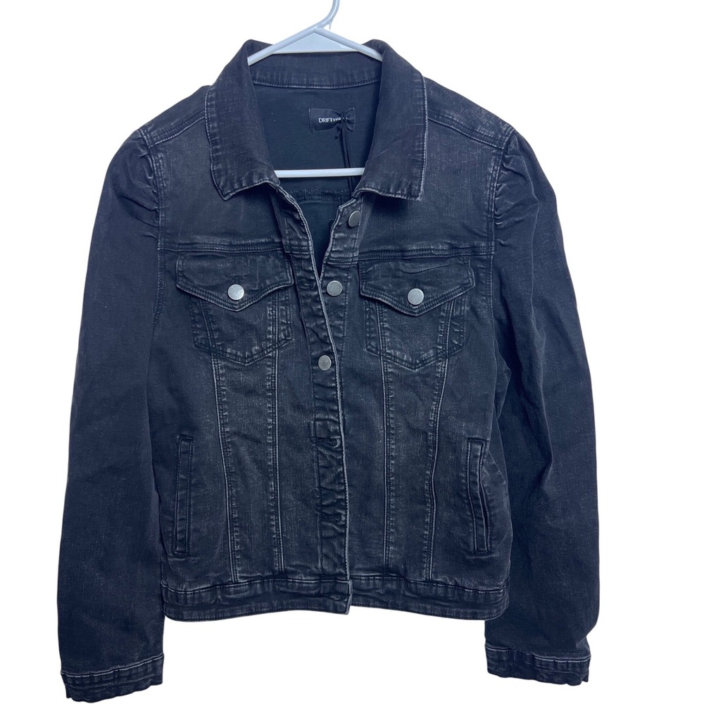 Driftwood Washed Black Puff Shoulder Denim Jacket‎ Women L NWT Y2K Grunge Moto